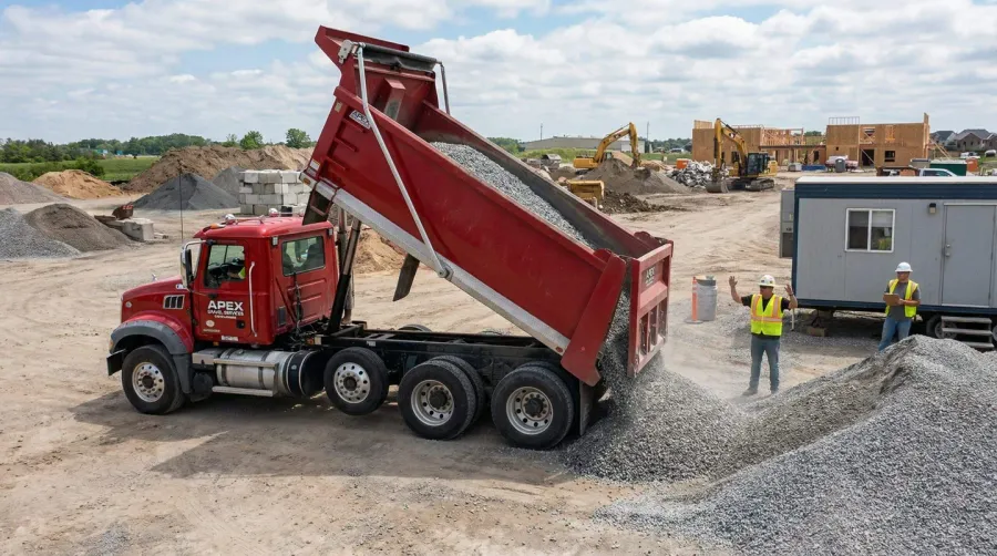 Gravel delivery truck at construction site delivering materials