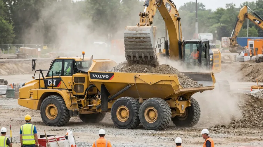 Dump truck being loaded with construction materials