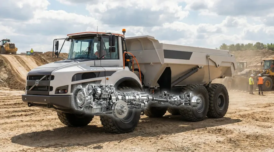 Modern dump truck on construction site showing transmission components