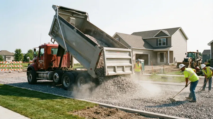 Gravel delivery truck unloading stones on residential driveway