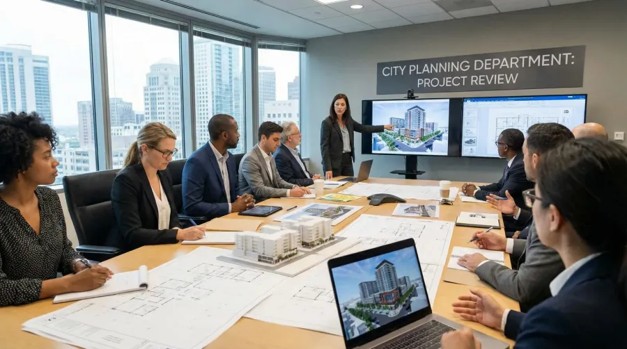 developer meeting with city planning officials reviewing building plans