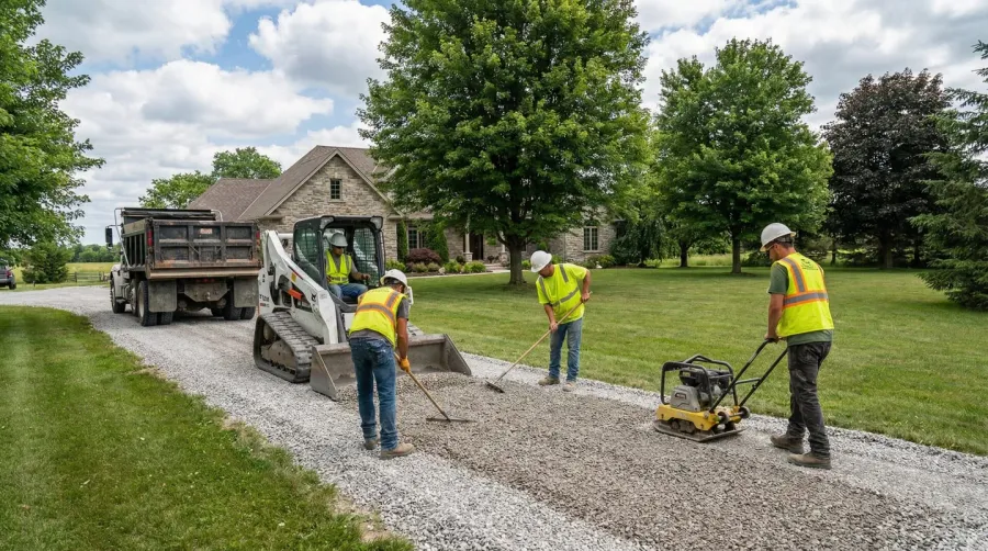 Gravel being spread by professional crew