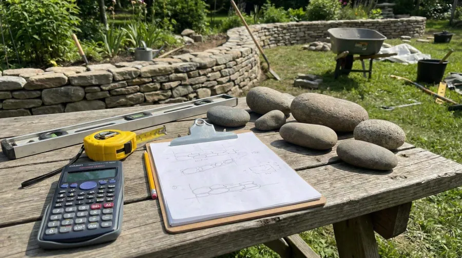 River rock retaining wall calculator with measuring tools