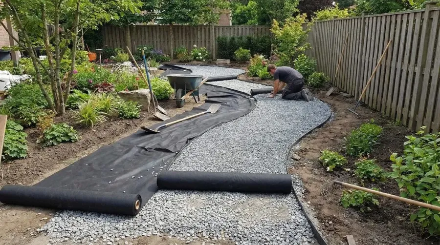 Gray gravel pathway installation process