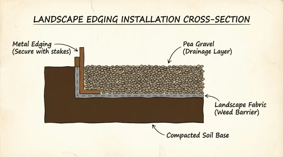 Cross-section diagram showing soil landscape fabric edging and pea gravel layers
