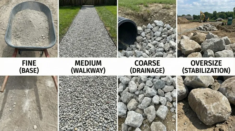 different sizes of crushed concrete from fine to coarse showing various applications