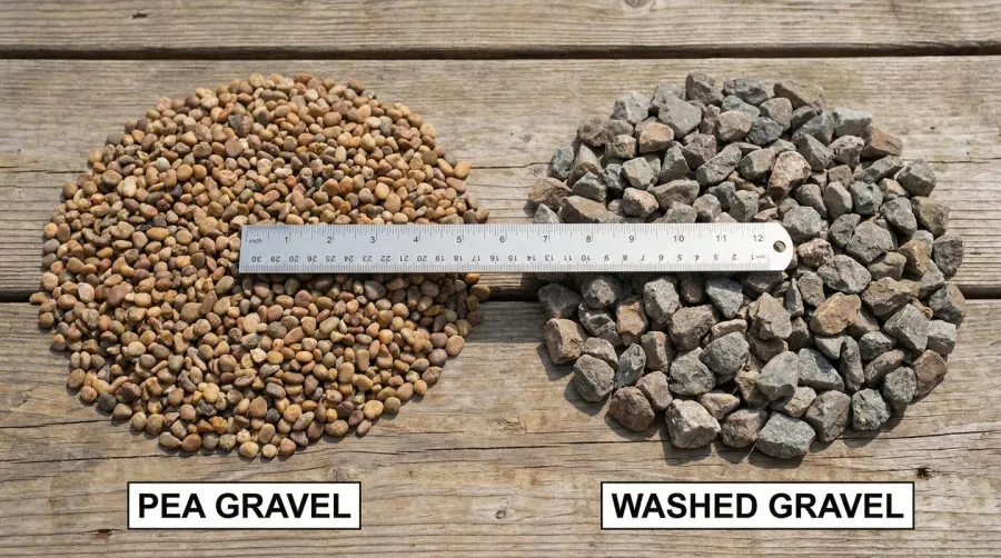 side-by-side comparison of pea gravel and washed gravel showing texture and size differences