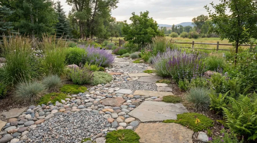 Beautiful gravel landscape pathway with different types of stones