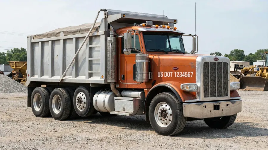 Dump truck with DOT number displayed on side