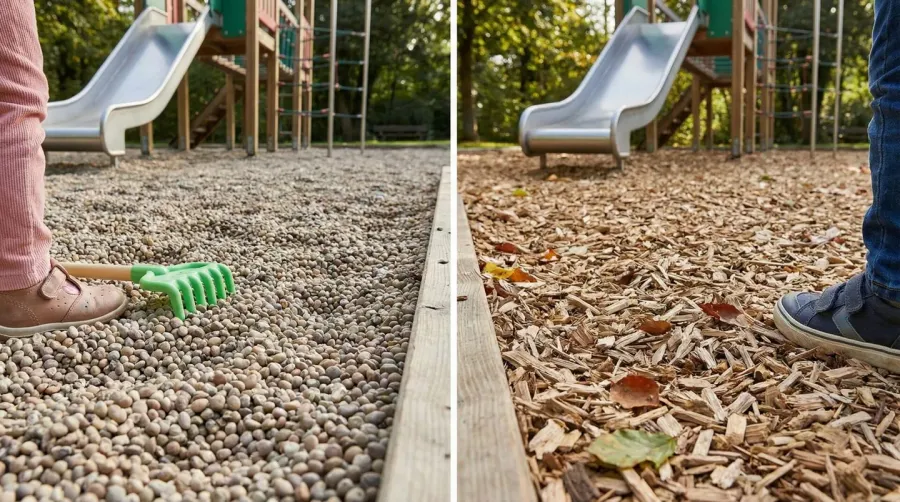 Pea gravel vs mulch comparison split image showing both materials