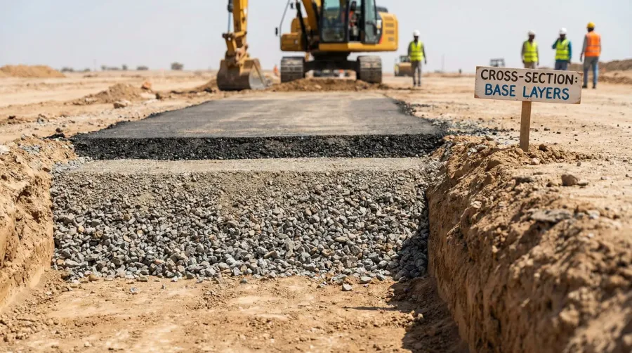 Road construction with base material layers showing foundation importance
