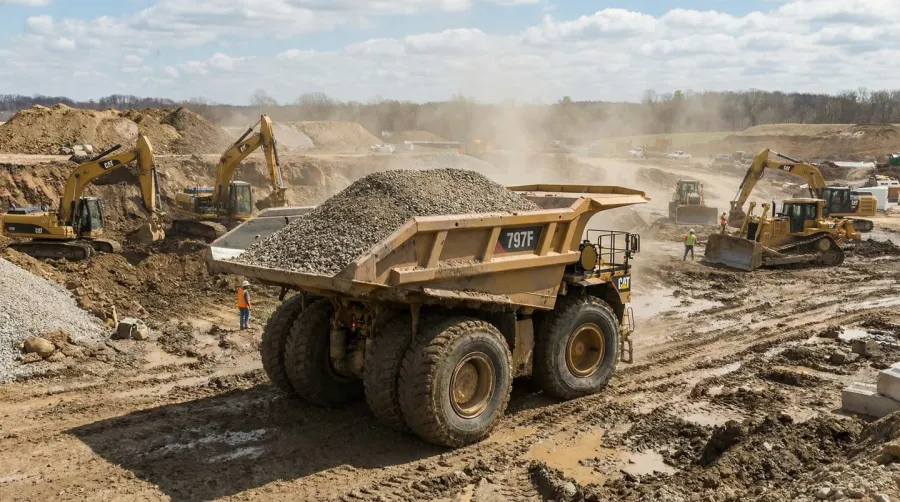 Large dump truck loaded with gravel on construction site