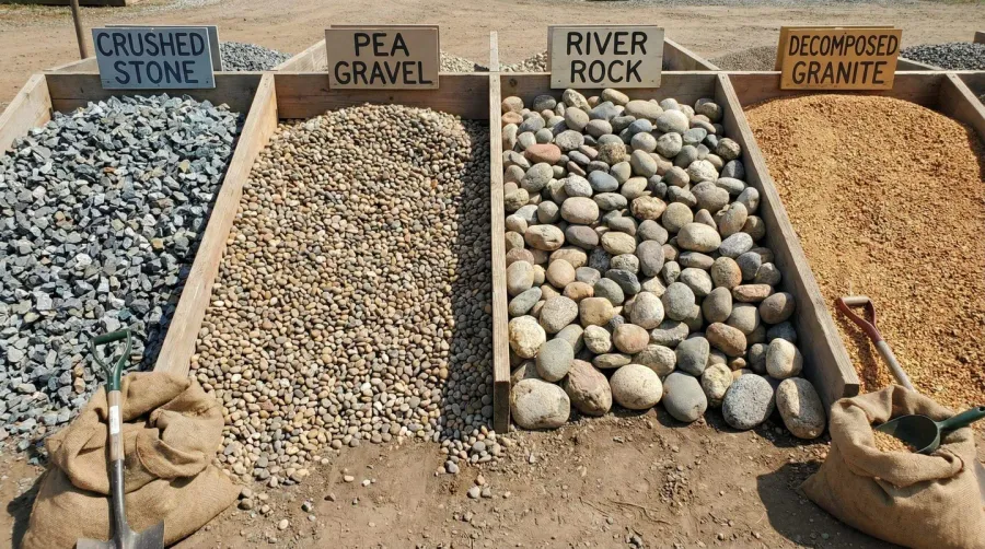 Various types of gravel stones displayed in piles