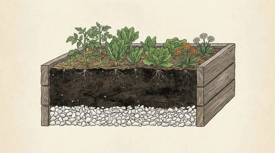 Layered raised bed construction showing crushed coral drainage layer with soil and plants