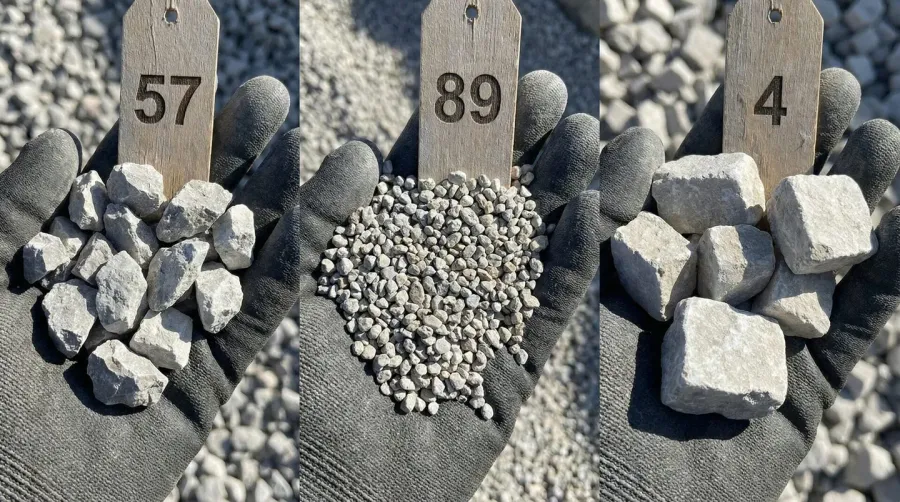 Close-up comparison of limestone aggregate grades 57, 89, and 4 in hands