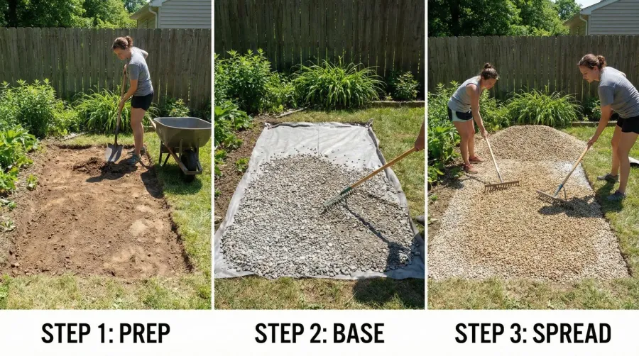 Step by step gravel installation process showing site preparation and spreading