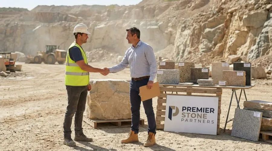 Handshake Between Contractor And Quarry Supplier With Stone Samples