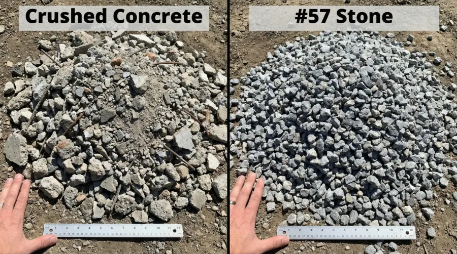 side-by-side comparison of crushed concrete and #57 stone materials showing texture and size differences