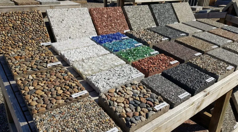 Different types of exposed aggregate concrete samples with various stones and colors