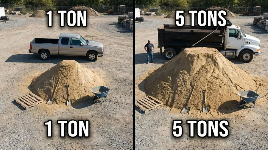 comparison showing 1 ton vs 5 tons of sand with visual scale references