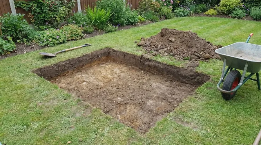 Step-by-step installation photos showing excavation, base layer, and final surface