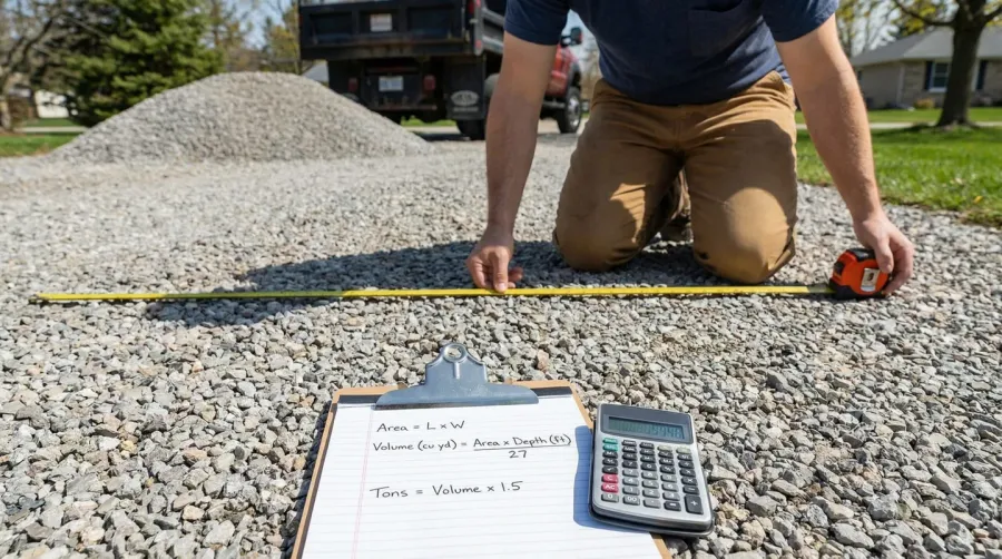 Person using measuring tape on a driveway area with calculator and notepad showing gravel calculation formulas