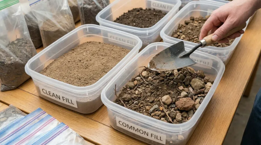 Different types of fill dirt samples showing clean vs common varieties