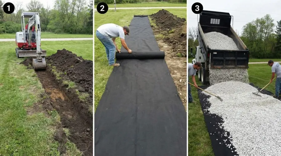 White gravel driveway installation process showing step-by-step procedure