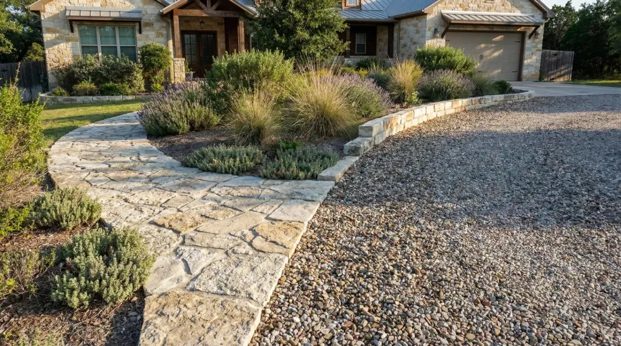 Limestone pathway next to gravel driveway showing visual difference between materials