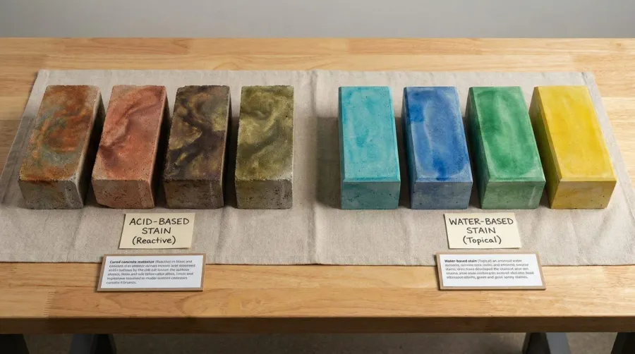Comparison of concrete stain types showing acid-based and water-based stain options