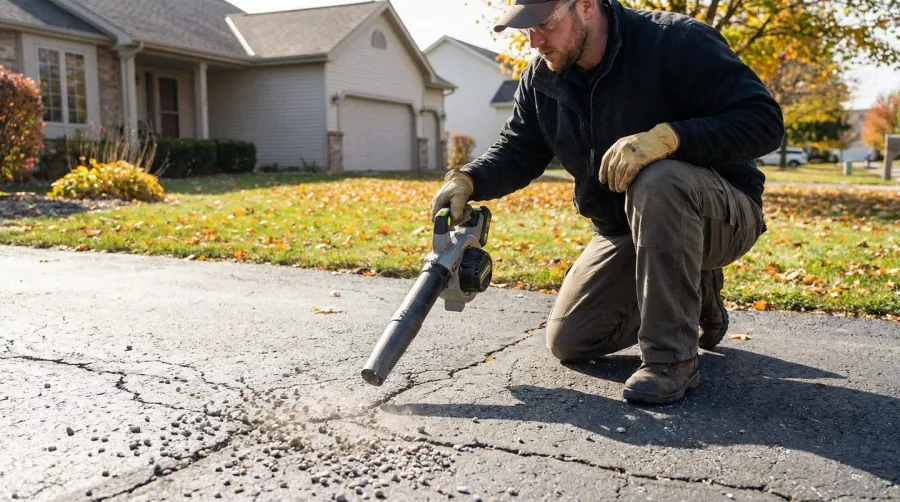 Person using leaf blower to remove small pebbles from driveway cracks