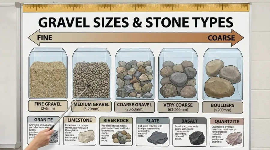 Comprehensive gravel size chart with various stone types displayed