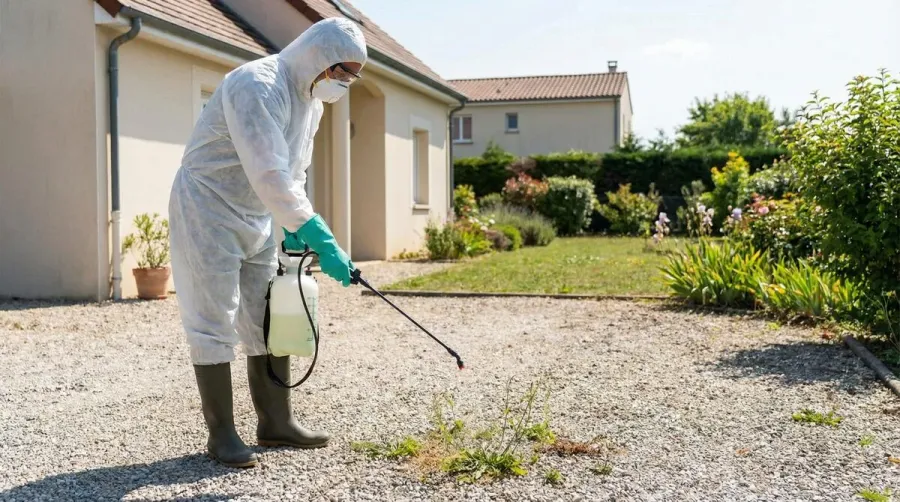 Person applying weed killer to gravel driveway with sprayer