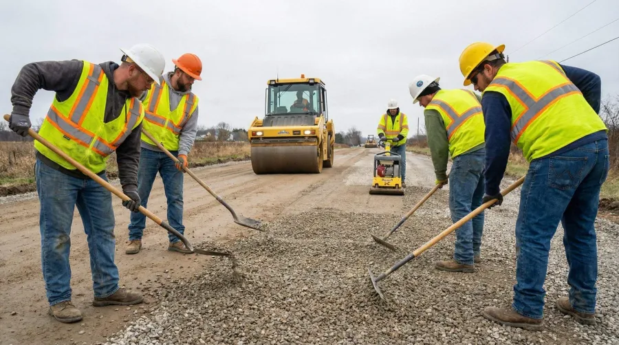 Road Construction Workers Laying Gravel Compacting Equipment
