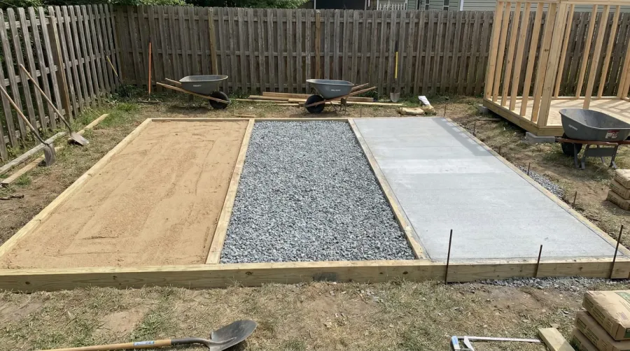 Comparison of shed foundation materials including sand, gravel, and concrete