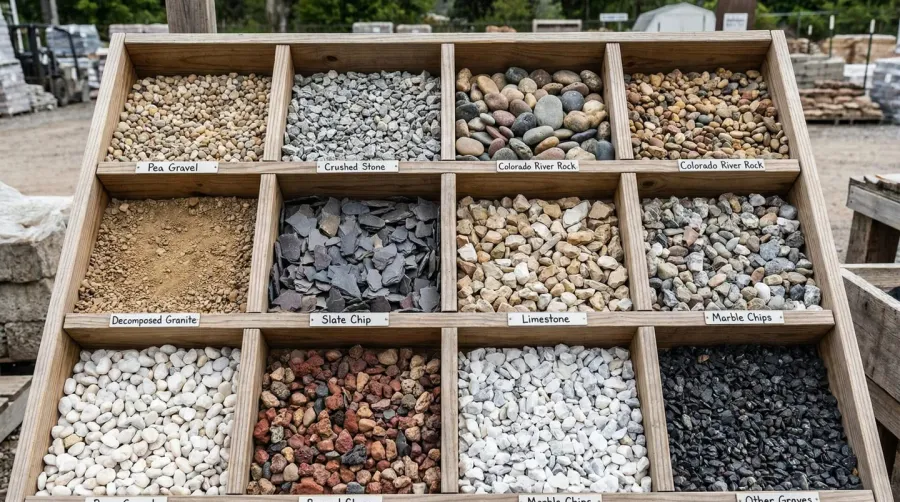 various types of driveway gravel samples arranged in a grid showing different textures and colors