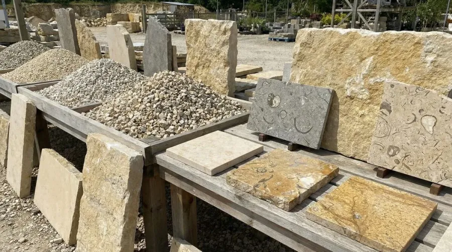 Different types of limestone samples including crushed gravel and slabs