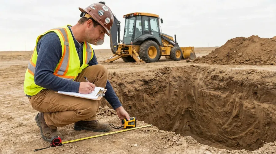 Construction worker measuring excavation site for fill dirt