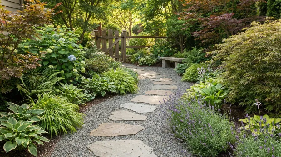 winding gravel pathway through garden with stepping stones and ornamental plants