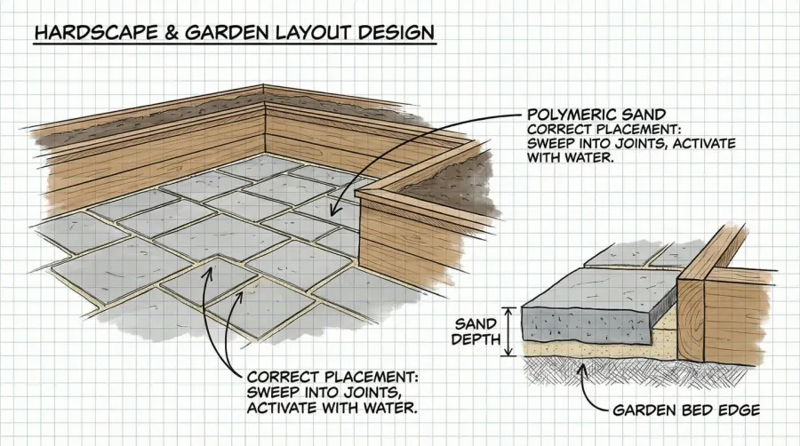 Diagram showing proper polymeric sand placement around raised beds