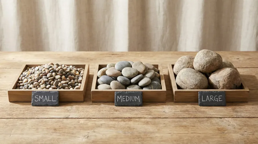 Different river rock sizes displayed in containers