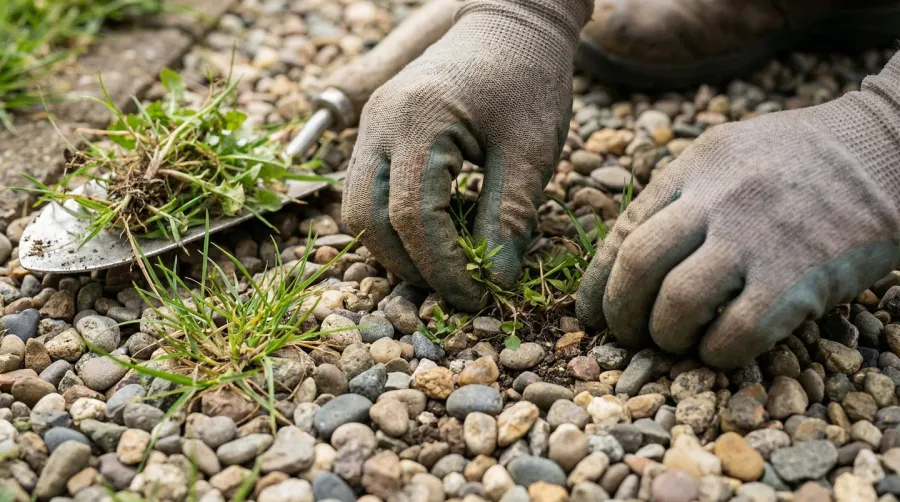 Hands removing weeds from gravel path close-up
