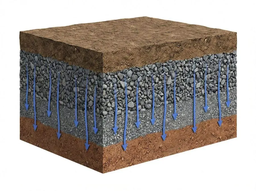 Cross section diagram of aggregate base showing water flow