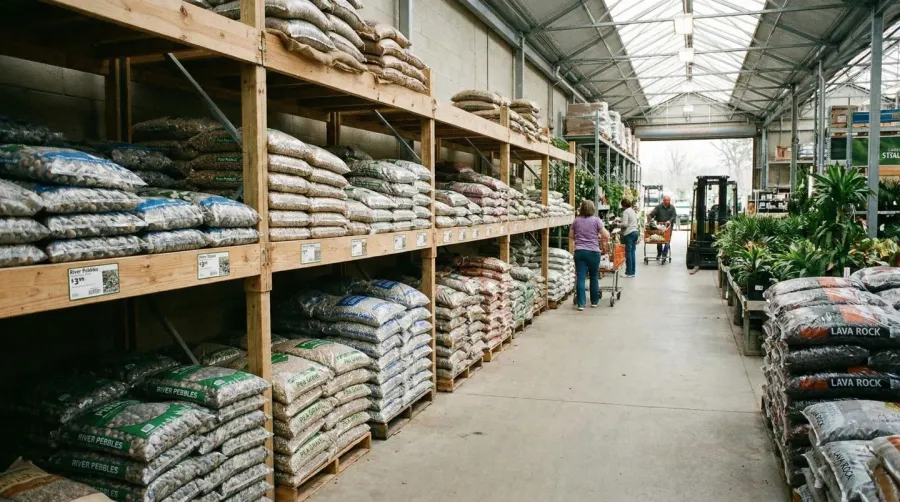Home improvement store gravel section with bagged materials