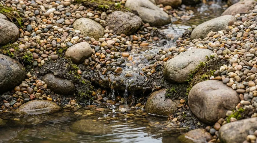 Close-up of pea gravel around pond edge showing drainage