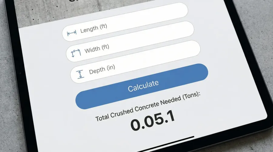 Crushed concrete calculator interface showing cubic yards to tons conversion