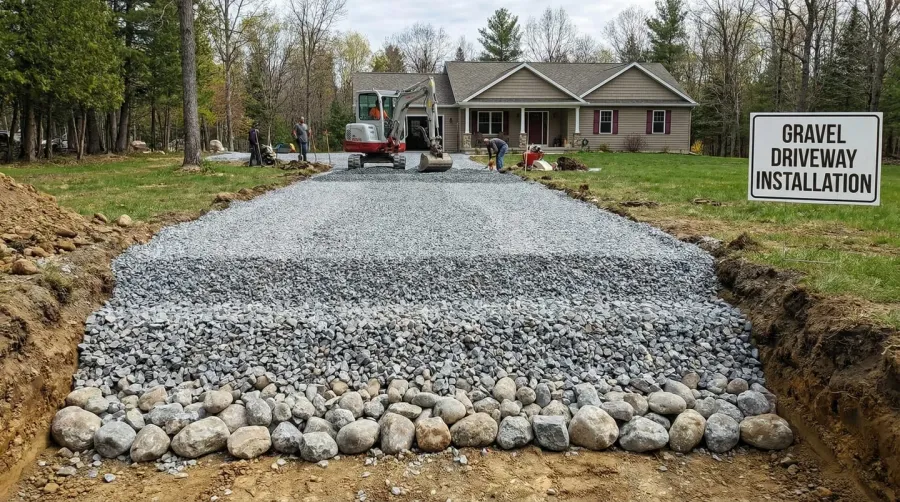 Gravel driveway installation with different stone sizes