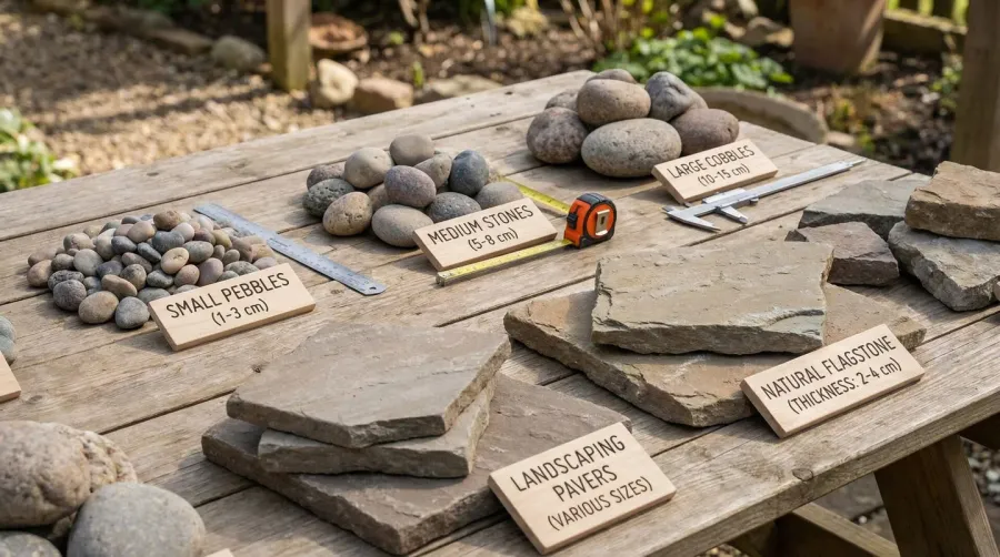 Detailed river rock size chart with measurements and common applications