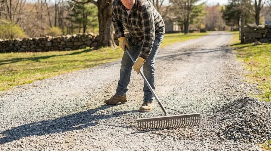 Person raking gravel driveway showing proper technique