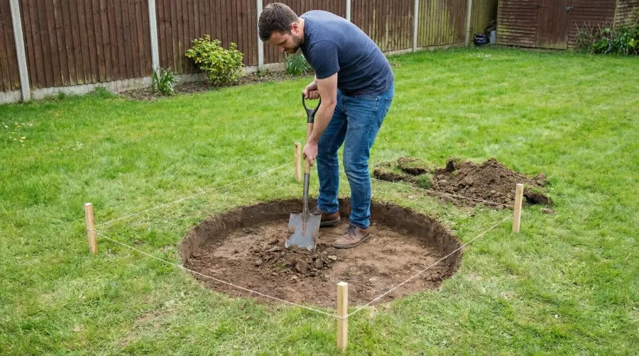 Limestone fire pit installation steps showing base preparation